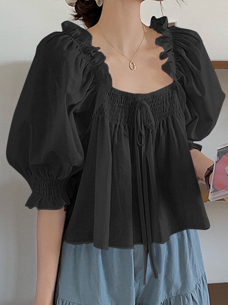 Femmes Puff Sleeve Solid Plissé Casual Holiday Streetwear Leisure Top