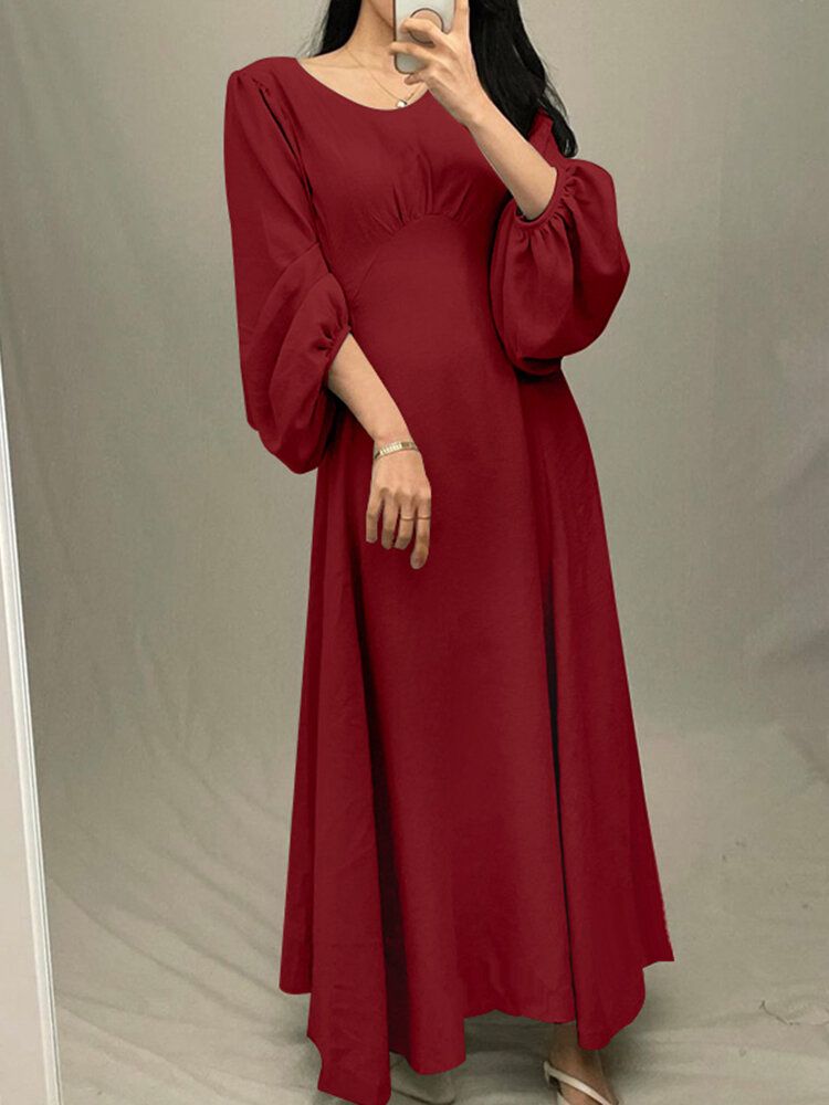 Femmes Puff Sleeve Spliced Solid Color Back Zipper O-cou Maxi Longueur Robes Mi-longues