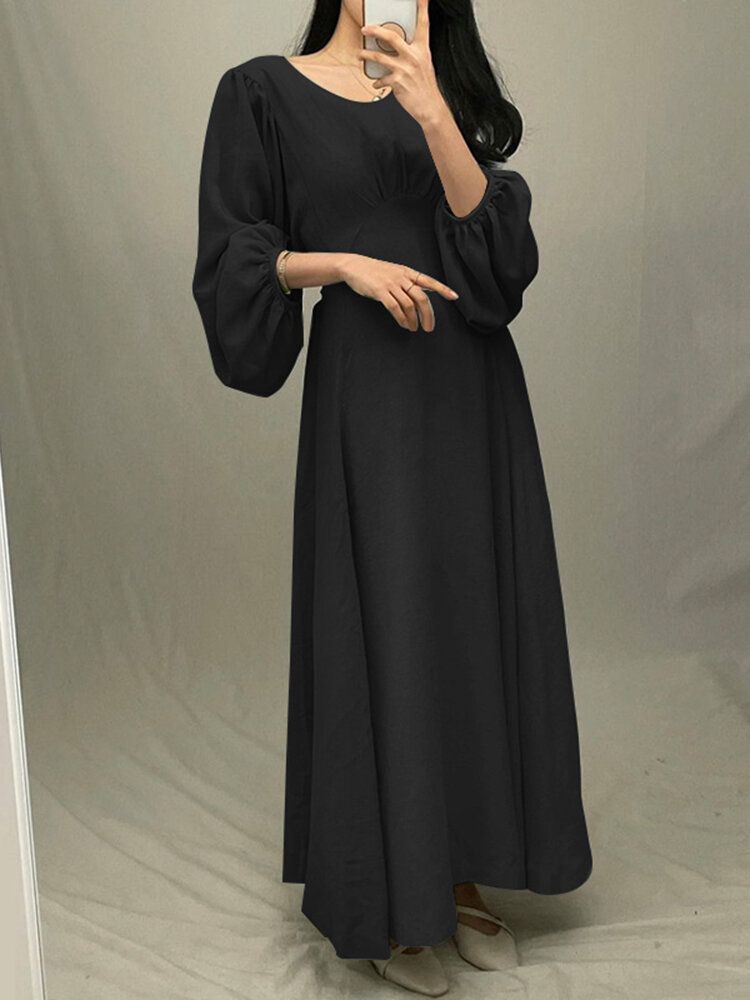 Femmes Puff Sleeve Spliced Solid Color Back Zipper O-cou Maxi Longueur Robes Mi-longues