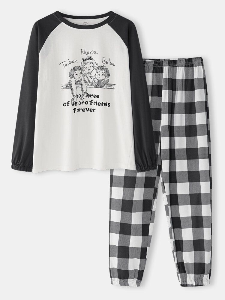 Femmes Raglan Sleeve Cartoon Cotton Plaid Jogging Pants Casual Home Pyjamas Set