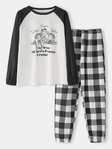 Femmes Raglan Sleeve Cartoon Cotton Plaid Jogging Pants Casual Home Pyjamas Set