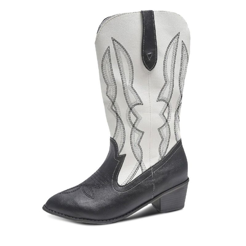 Femmes Rétro Brève Broderie En Cuir Pointu-toe Mi-mollet Angleterre Style Casual Knight Bottes