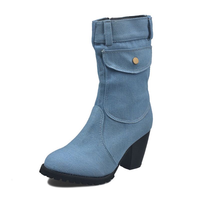 Femmes Retro Denim Cloth Side Zip Bag Decor Chunky Heel Mid Calf Boots