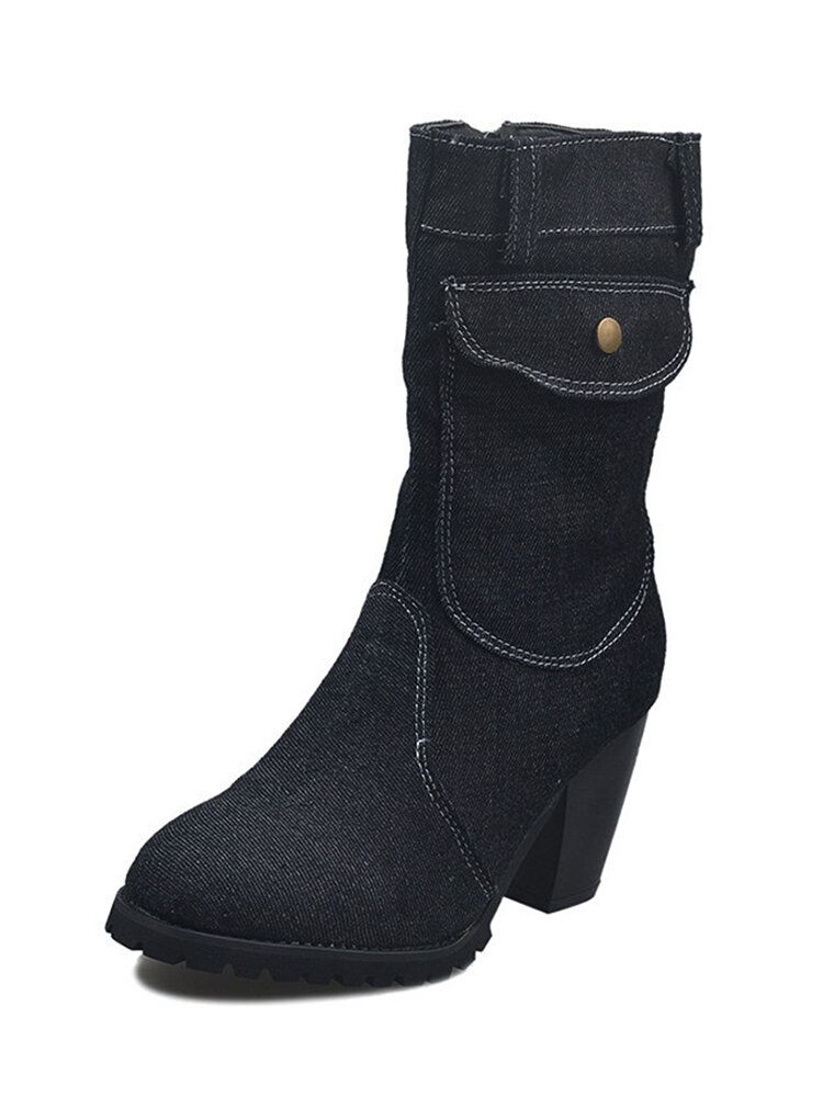 Femmes Retro Denim Cloth Side Zip Bag Decor Chunky Heel Mid Calf Boots