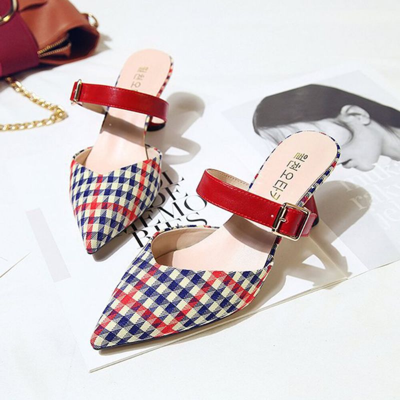 Femmes Retro Elegant Lattice Pattern Pointed Toe Backless Cone Heel Shoes