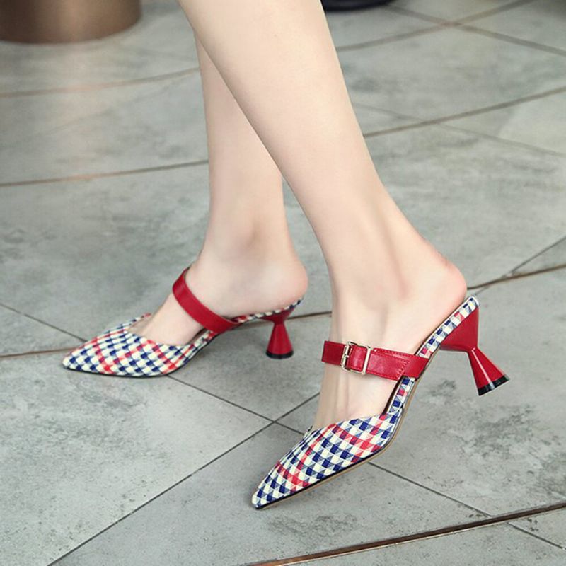 Femmes Retro Elegant Lattice Pattern Pointed Toe Backless Cone Heel Shoes