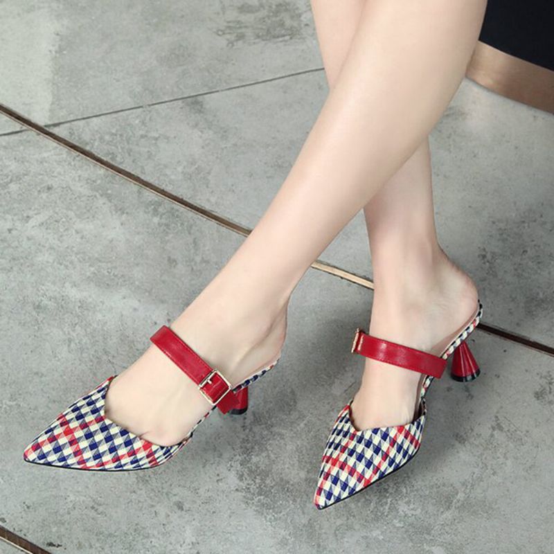 Femmes Retro Elegant Lattice Pattern Pointed Toe Backless Cone Heel Shoes