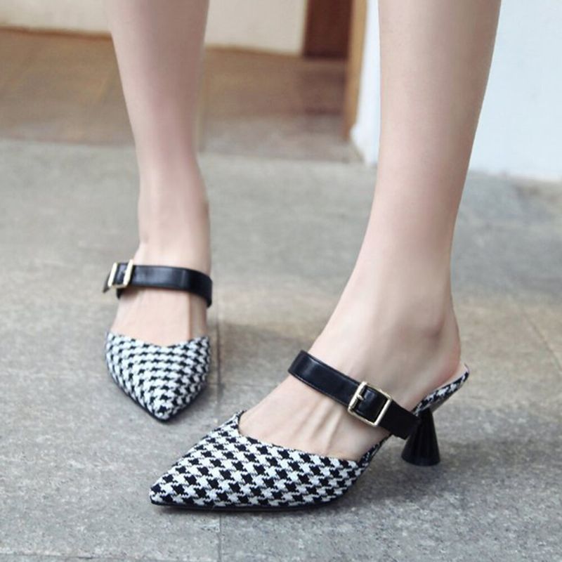 Femmes Retro Elegant Lattice Pattern Pointed Toe Backless Cone Heel Shoes