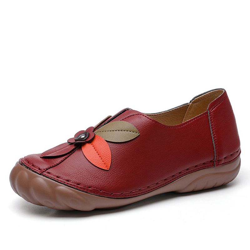 Femmes Rétro Fleur Couture Confortable Bout Rond Sans Lacet Plat Mocassins Chaussures