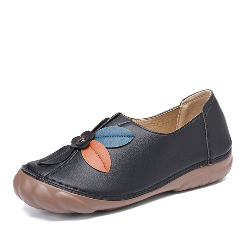 Femmes Rétro Fleur Couture Confortable Bout Rond Sans Lacet Plat Mocassins Chaussures