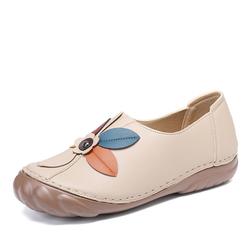 Femmes Rétro Fleur Couture Confortable Bout Rond Sans Lacet Plat Mocassins Chaussures