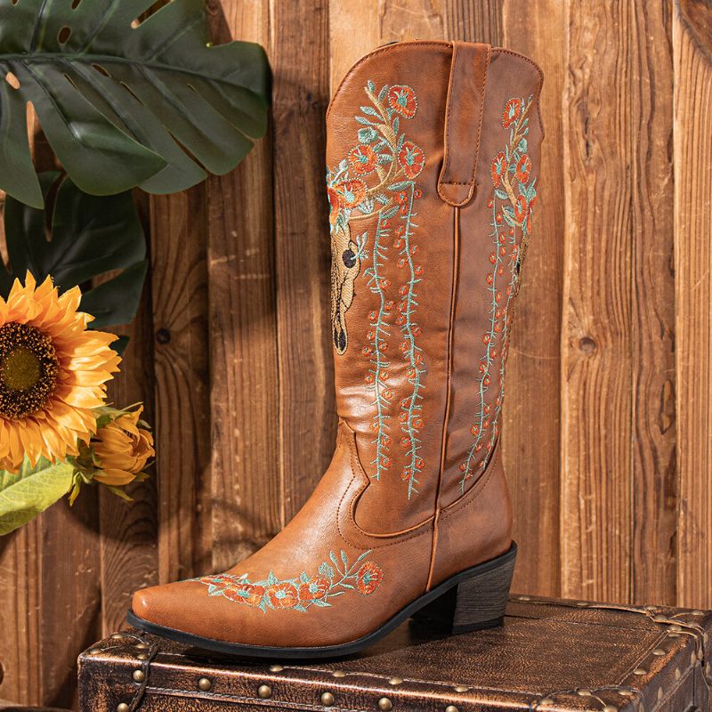 Femmes Rétro Floral Animal Broderie Cuir Pointu-toe V-cut Chunky Talon Mi-mollet Knight Bottes