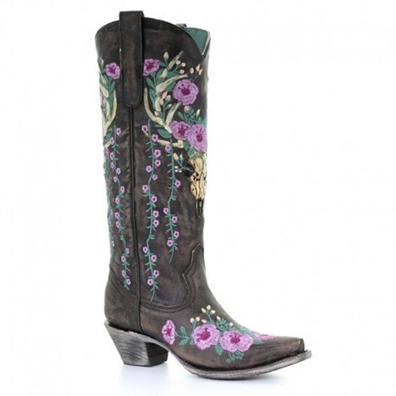 Femmes Rétro Floral Animal Broderie Cuir Pointu-toe V-cut Chunky Talon Mi-mollet Knight Bottes