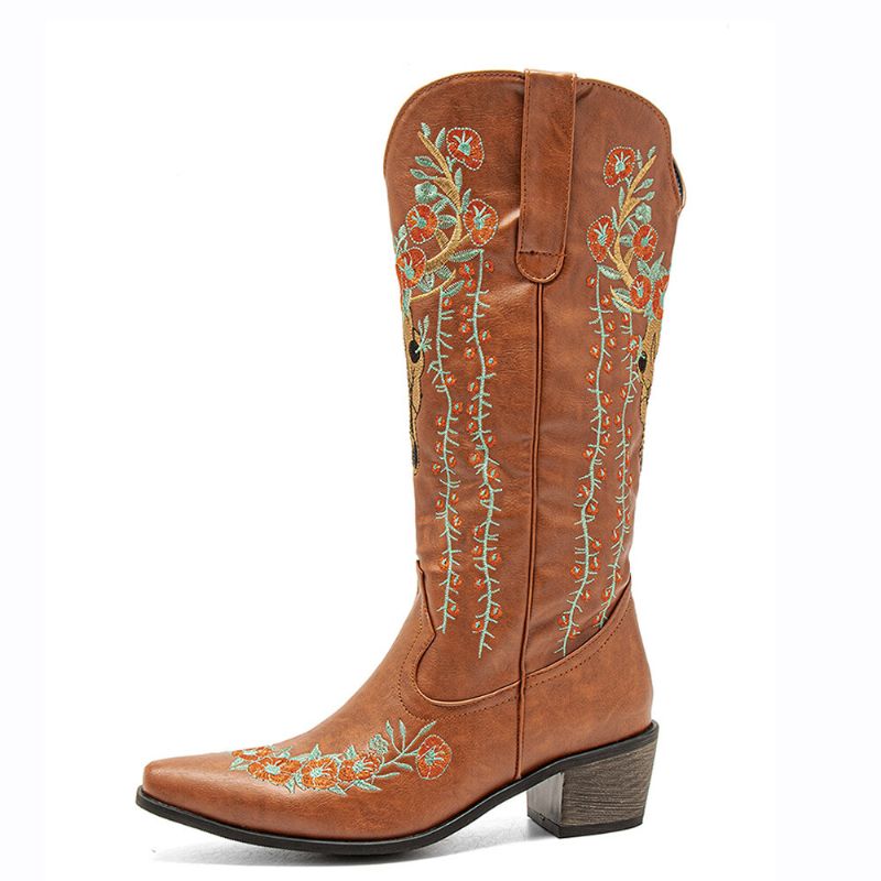 Femmes Rétro Floral Animal Broderie Cuir Pointu-toe V-cut Chunky Talon Mi-mollet Knight Bottes