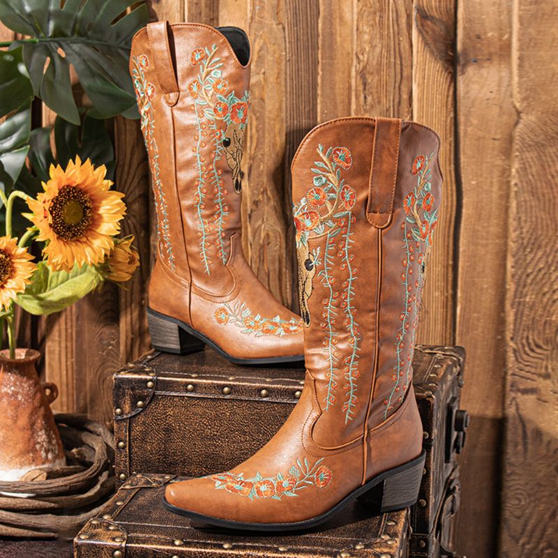 Femmes Rétro Floral Animal Broderie Cuir Pointu-toe V-cut Chunky Talon Mi-mollet Knight Bottes