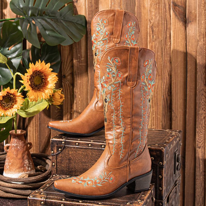 Femmes Rétro Floral Animal Broderie Cuir Pointu-toe V-cut Chunky Talon Mi-mollet Knight Bottes