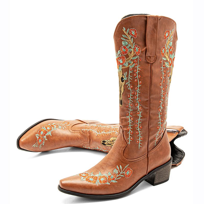 Femmes Rétro Floral Animal Broderie Cuir Pointu-toe V-cut Chunky Talon Mi-mollet Knight Bottes