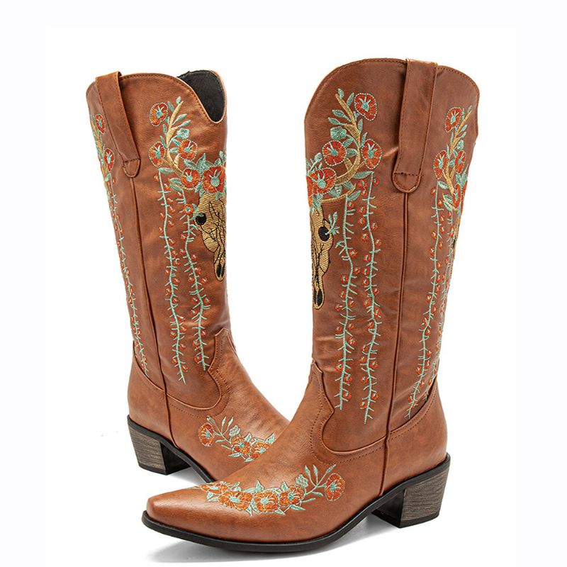 Femmes Rétro Floral Animal Broderie Cuir Pointu-toe V-cut Chunky Talon Mi-mollet Knight Bottes