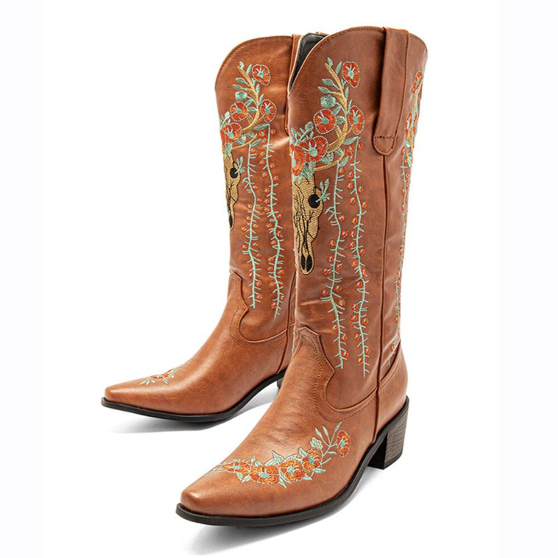 Femmes Rétro Floral Animal Broderie Cuir Pointu-toe V-cut Chunky Talon Mi-mollet Knight Bottes