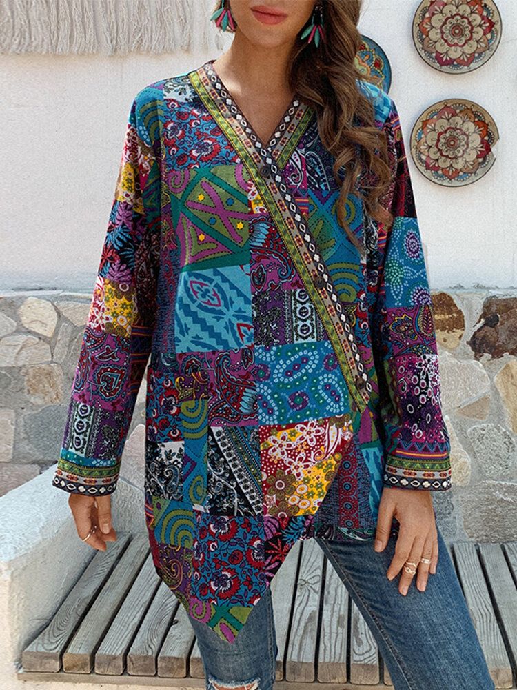 Femmes Rétro Imprimé Floral Patchwork À Manches Longues Irrégulier Coton Style Ethnique Vintage Cardigans