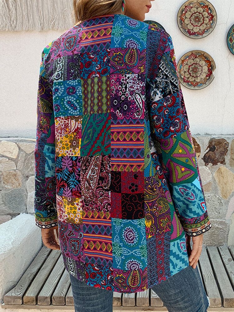 Femmes Rétro Imprimé Floral Patchwork À Manches Longues Irrégulier Coton Style Ethnique Vintage Cardigans