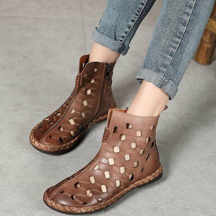 Femmes Retro Soft Respirant Hollow Out Zipper Flat Bottines