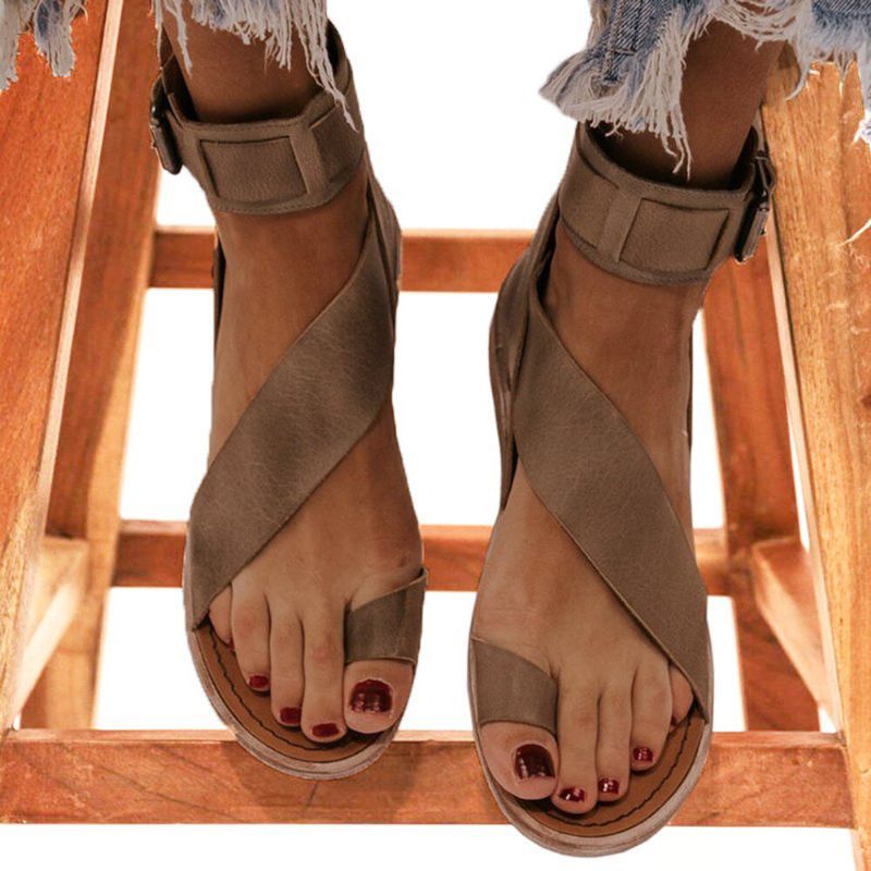 Femmes Retro Toe Ring Roman Ankle Strap Casual Summer Flat Sandals