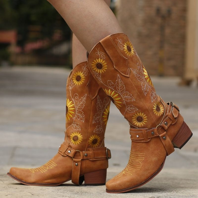 Femmes Rétro Tournesols Motif Bout Pointu Chunky Talon Harnais Cowboy Bottes