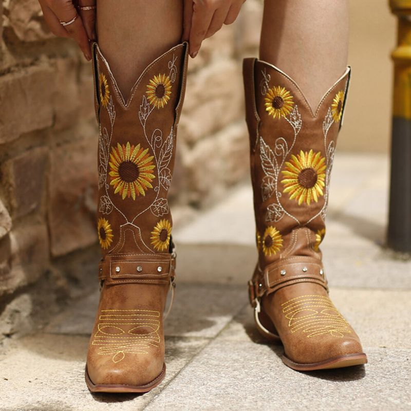 Femmes Rétro Tournesols Motif Bout Pointu Chunky Talon Harnais Cowboy Bottes