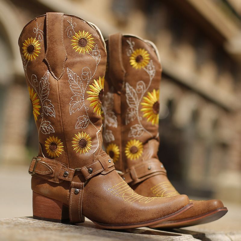 Femmes Rétro Tournesols Motif Bout Pointu Chunky Talon Harnais Cowboy Bottes