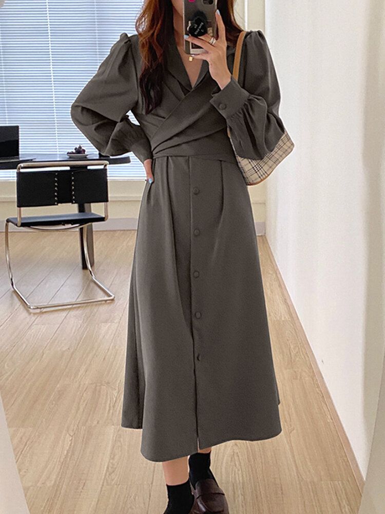 Femmes Revers Tie Back Puff Sleeve Solid Casual Shirt Maxi Robes