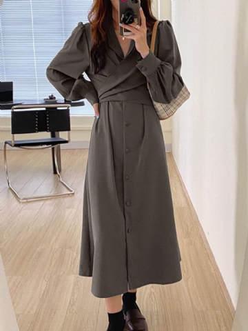 Femmes Revers Tie Back Puff Sleeve Solid Casual Shirt Maxi Robes