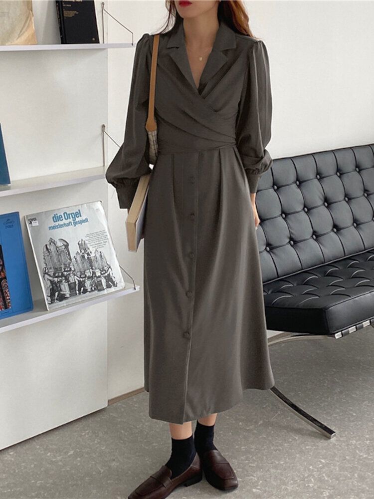 Femmes Revers Tie Back Puff Sleeve Solid Casual Shirt Maxi Robes