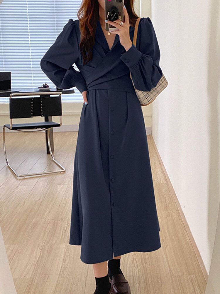 Femmes Revers Tie Back Puff Sleeve Solid Casual Shirt Maxi Robes