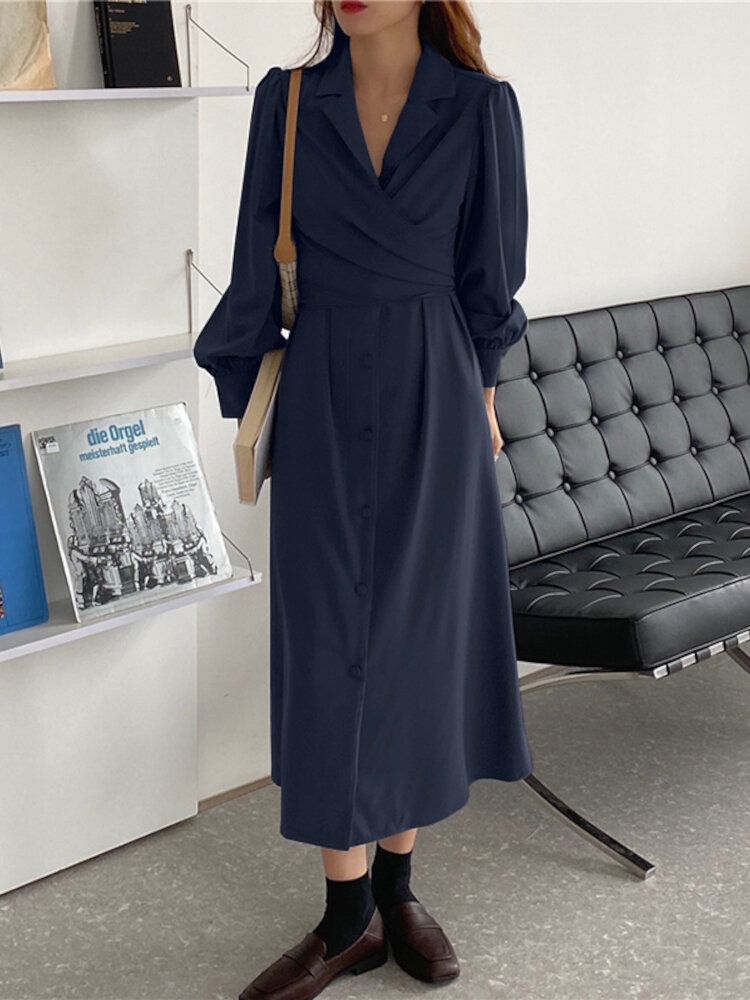 Femmes Revers Tie Back Puff Sleeve Solid Casual Shirt Maxi Robes