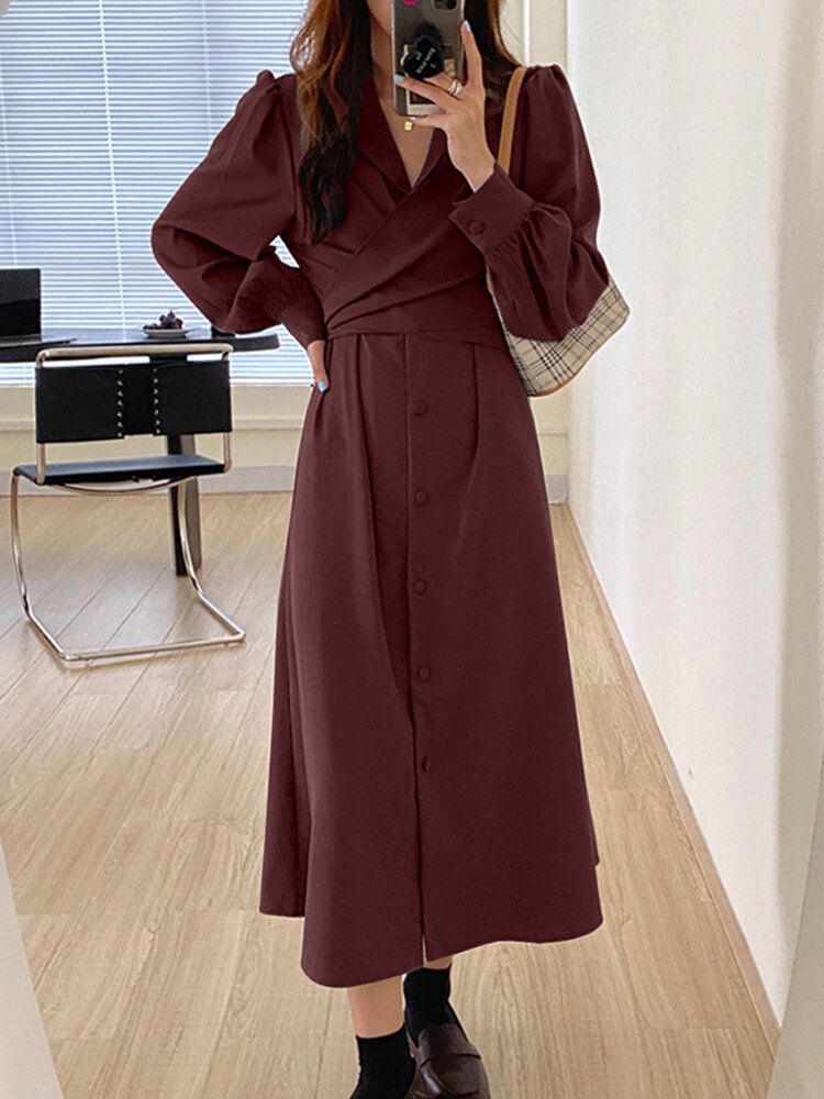 Femmes Revers Tie Back Puff Sleeve Solid Casual Shirt Maxi Robes