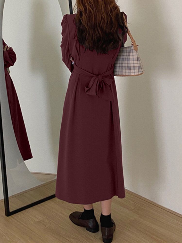 Femmes Revers Tie Back Puff Sleeve Solid Casual Shirt Maxi Robes