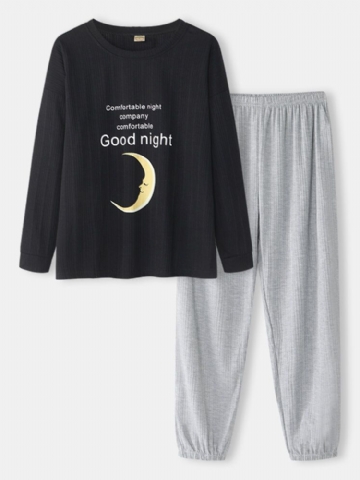 Femmes Rib Moon Lettre Imprimé O-cou Coton Revers Pantalon Pyjamas Ensembles