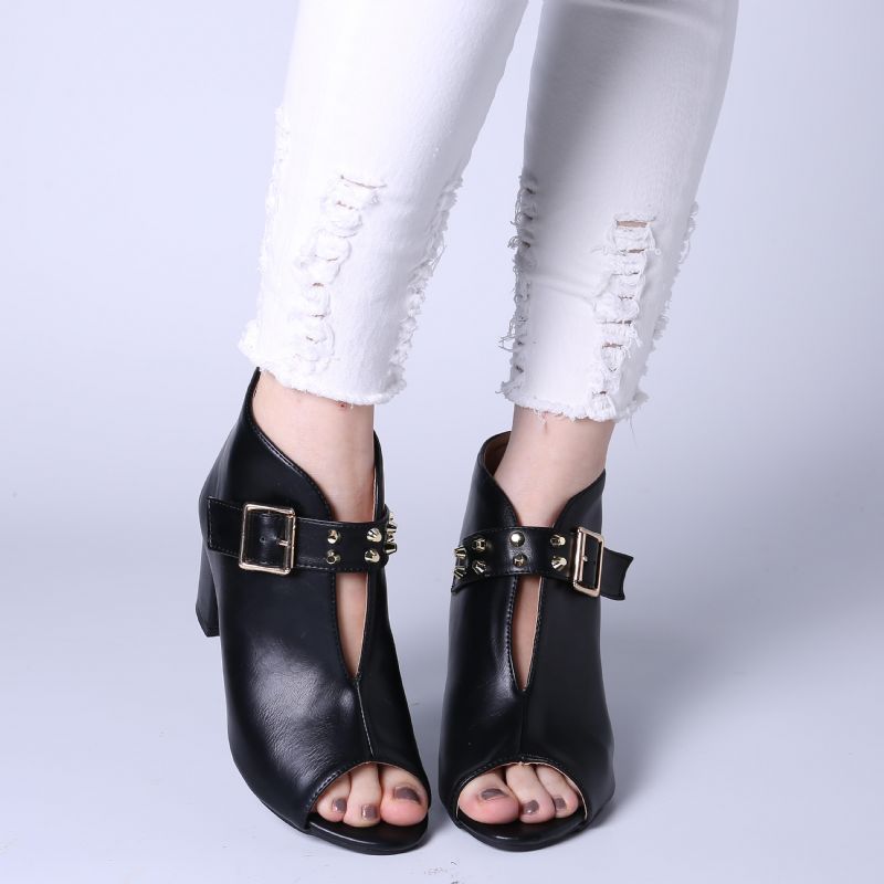 Femmes Rivet Peep Toe Buckle High Heel Chunky Heel Pumps