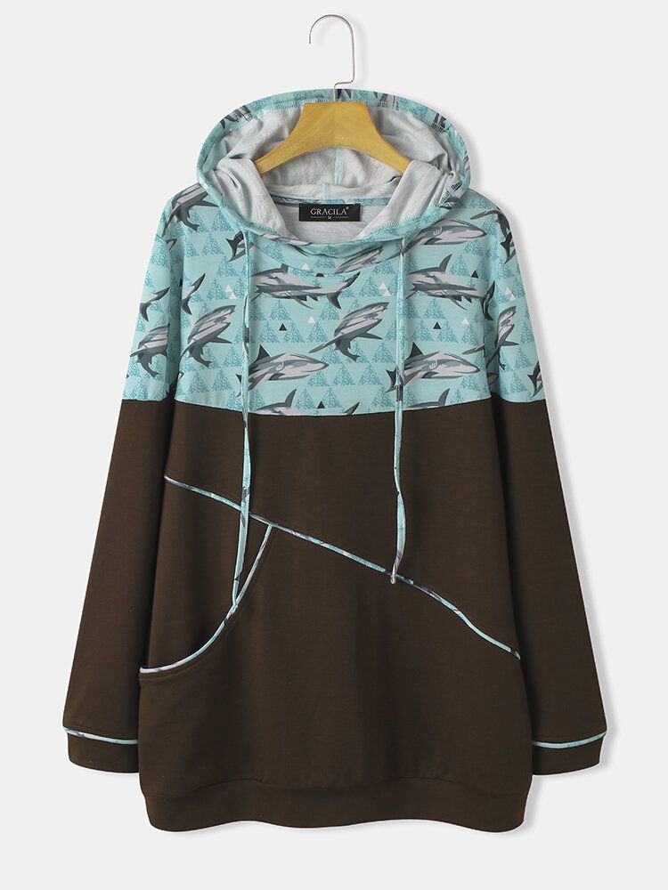 Femmes Shark Print Patchwork Manches Longues Casual Cordon Hoodies