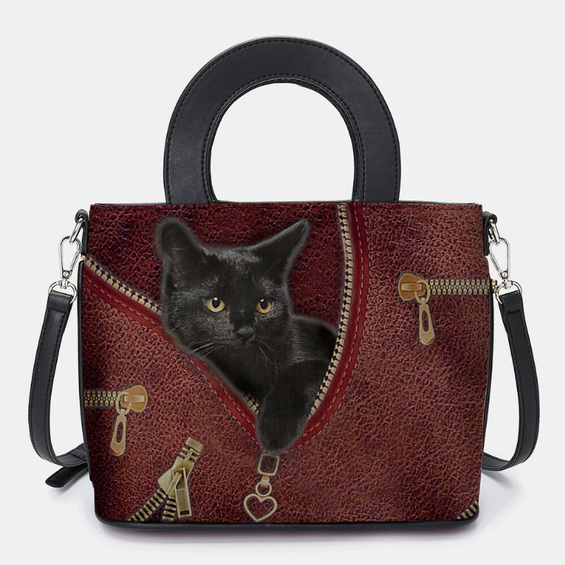 Femmes Simili Cuir Dessin Animé Motif De Chat Noir Sac À Main Multi-transport Sac À Bandoulière Sac Cartable