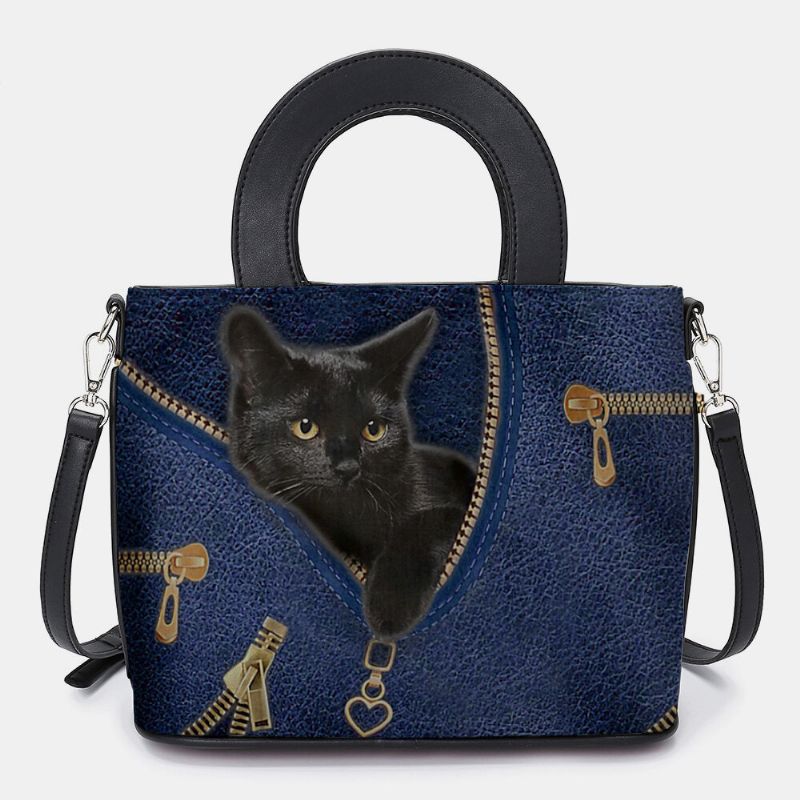 Femmes Simili Cuir Dessin Animé Motif De Chat Noir Sac À Main Multi-transport Sac À Bandoulière Sac Cartable