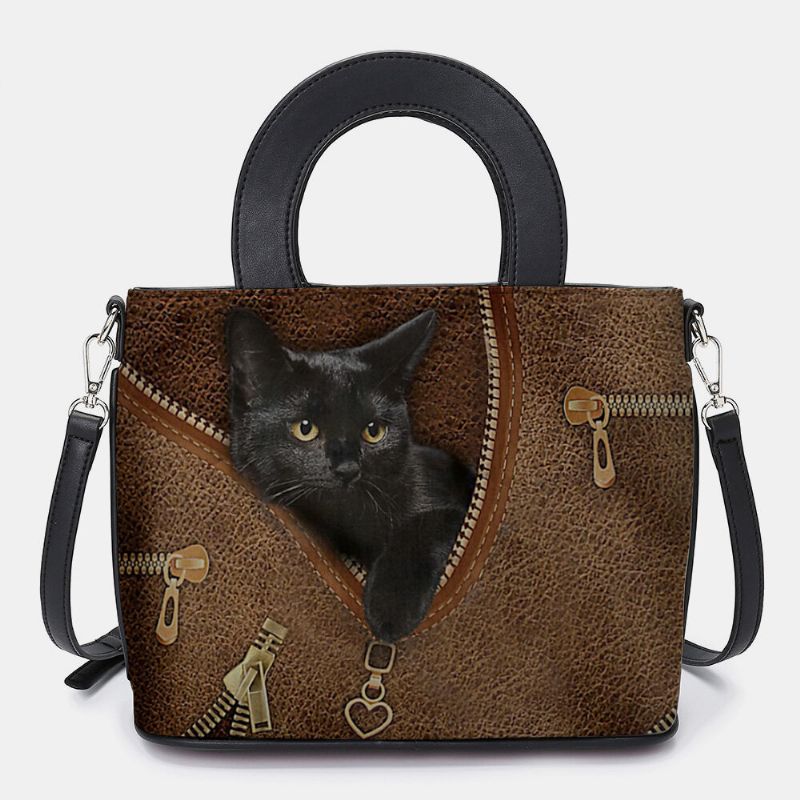 Femmes Simili Cuir Dessin Animé Motif De Chat Noir Sac À Main Multi-transport Sac À Bandoulière Sac Cartable