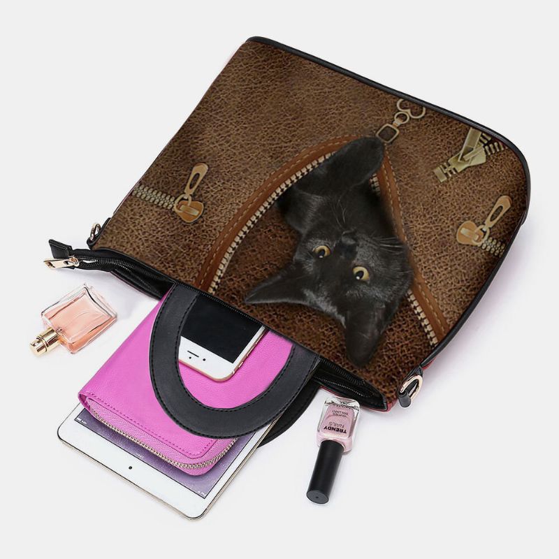 Femmes Simili Cuir Dessin Animé Motif De Chat Noir Sac À Main Multi-transport Sac À Bandoulière Sac Cartable