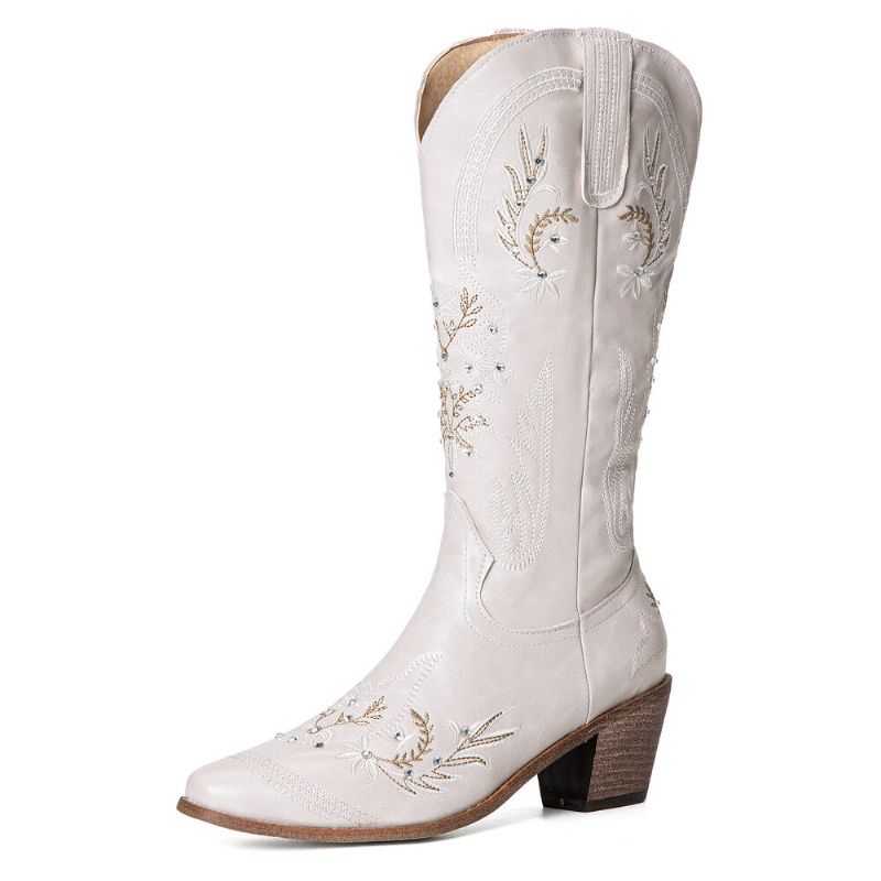 Femmes Simple Floral Broderie Impression Cuir Confortable Talons Chunky Bottes Mi-mollet