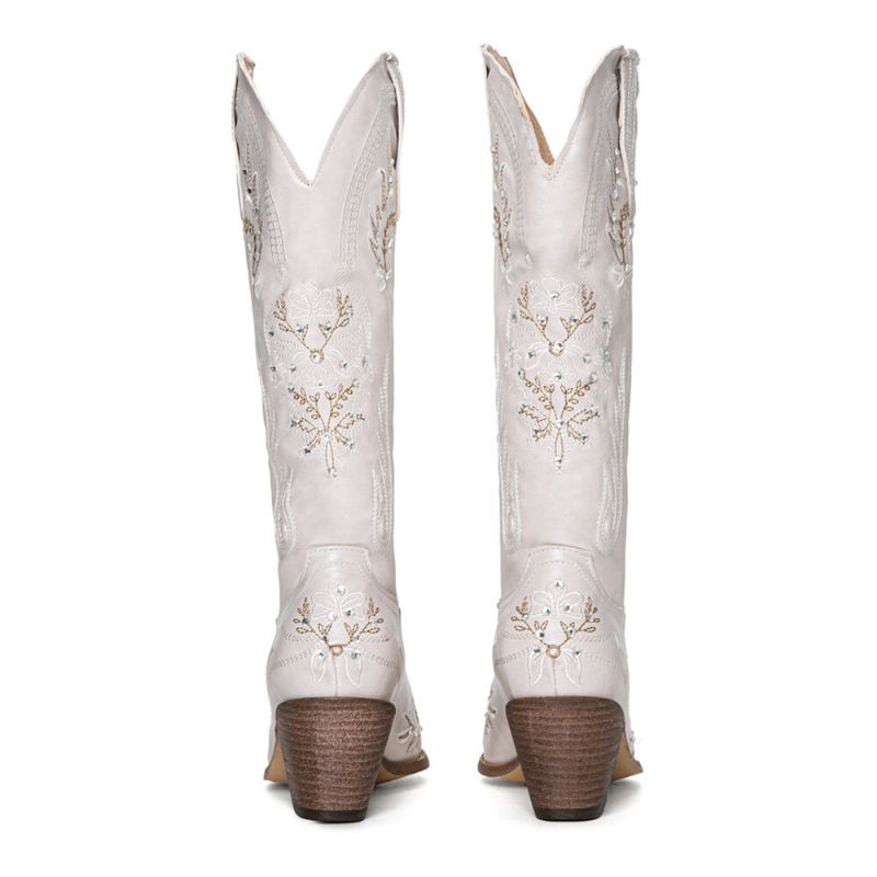 Femmes Simple Floral Broderie Impression Cuir Confortable Talons Chunky Bottes Mi-mollet