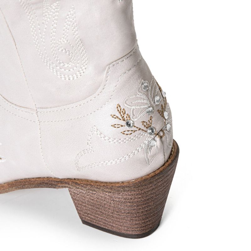 Femmes Simple Floral Broderie Impression Cuir Confortable Talons Chunky Bottes Mi-mollet