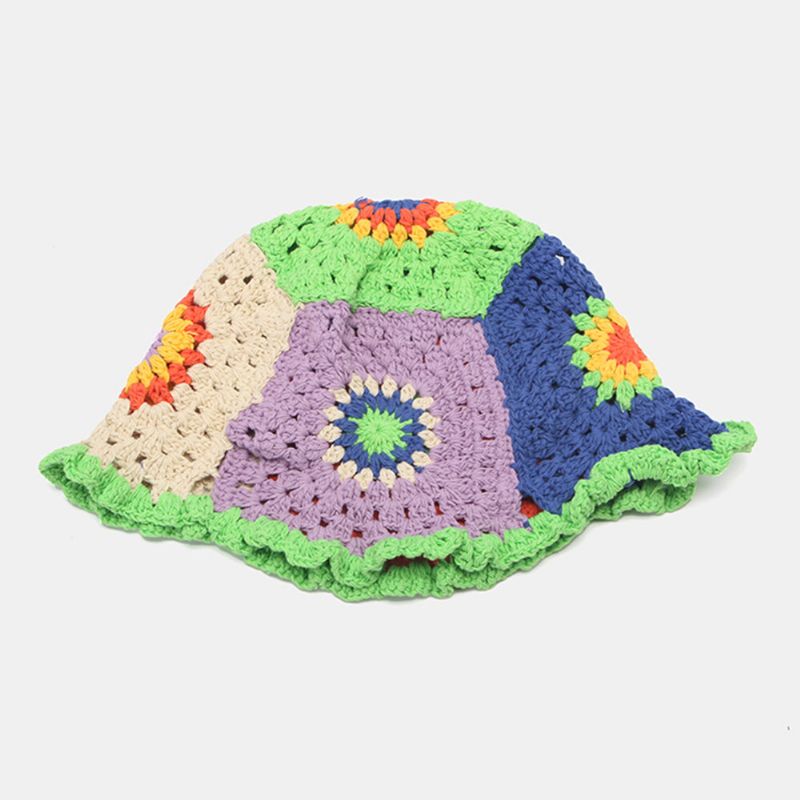 Femmes Soleil Motif Creux Arc-en-ciel Tricoté Baotou Cap Été Respirant Seau Chapeau