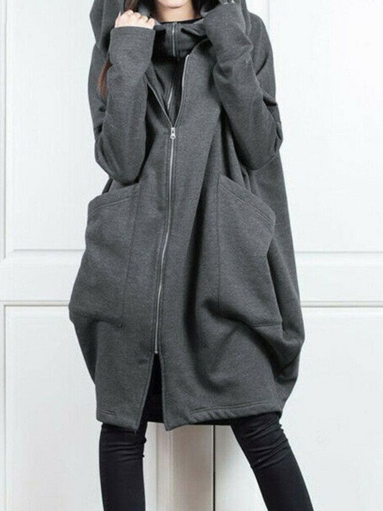 Femmes Solid Zip Front Fakes 2pcs Pocket Hooded Casual Coat