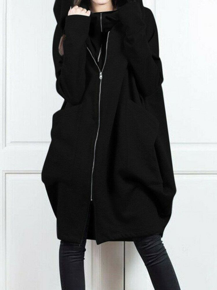 Femmes Solid Zip Front Fakes 2pcs Pocket Hooded Casual Coat